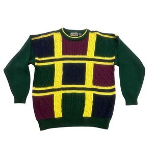 Vintage County Seat Sweater Mens Medium M Green Yellow Cable Knit Pullover Wool